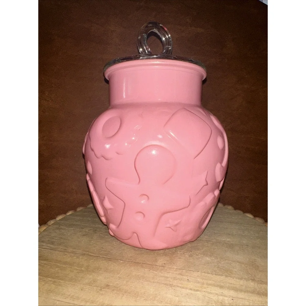 Vintage Hazel Atlas Gingerbread Man Cookie Jar Pink / Clear lid -1960